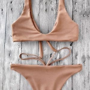 Knotted Camel Textured Scoop Bikini